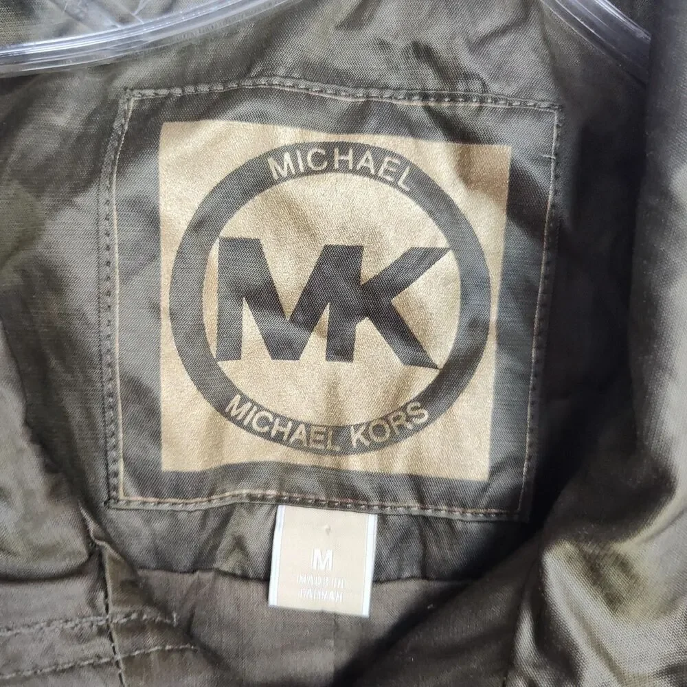 Michael Kors Rain Jacket‎ Women's M Olive Green Belted Full Zip Pockets